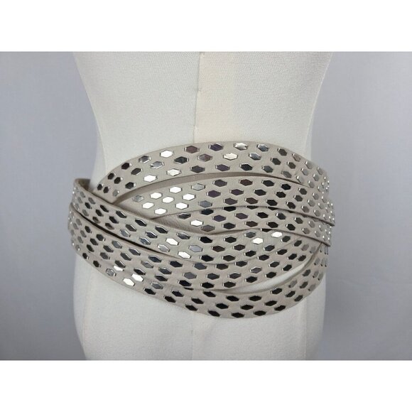 B-Low The Belt Studded Leather Wrap Belt Sz Large Ivory Silver Accents Designer main image 4